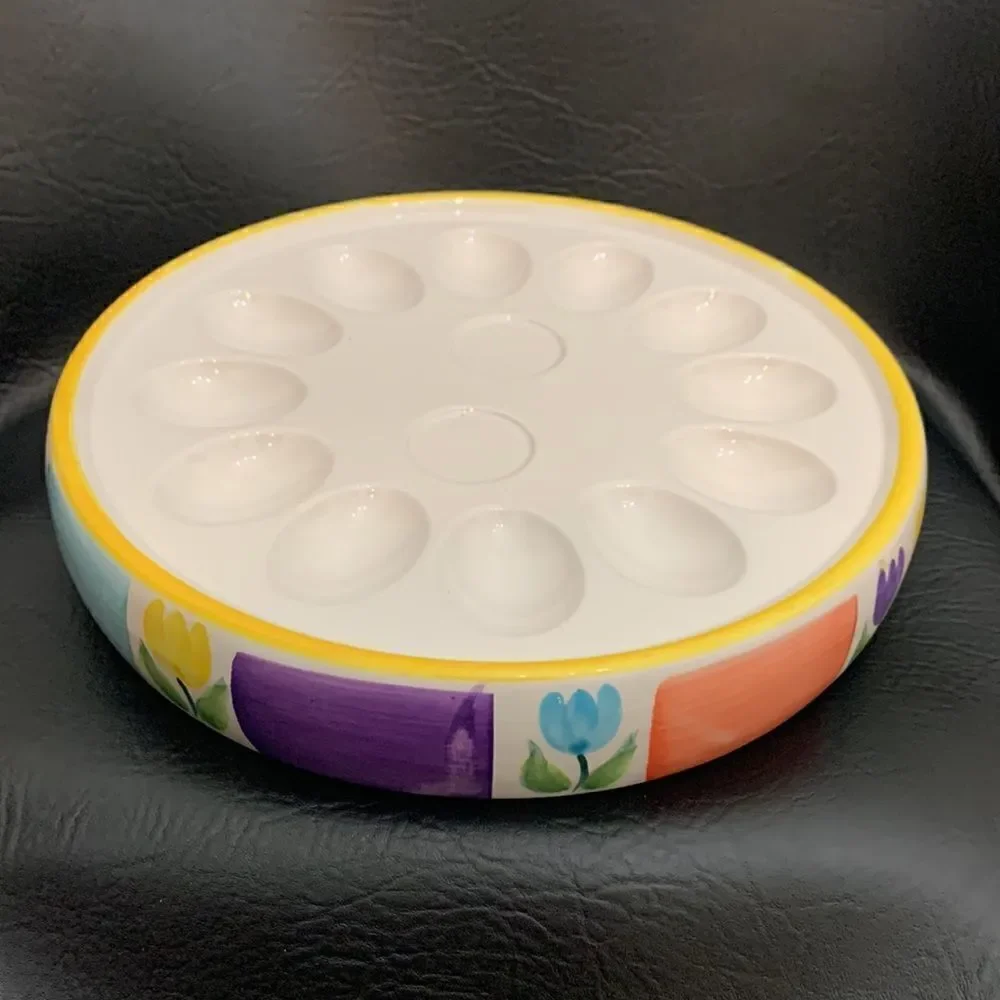 Easter Bunny Devil Egg Serving Tray Spring Flower Vintage Holiday Yellow Purple